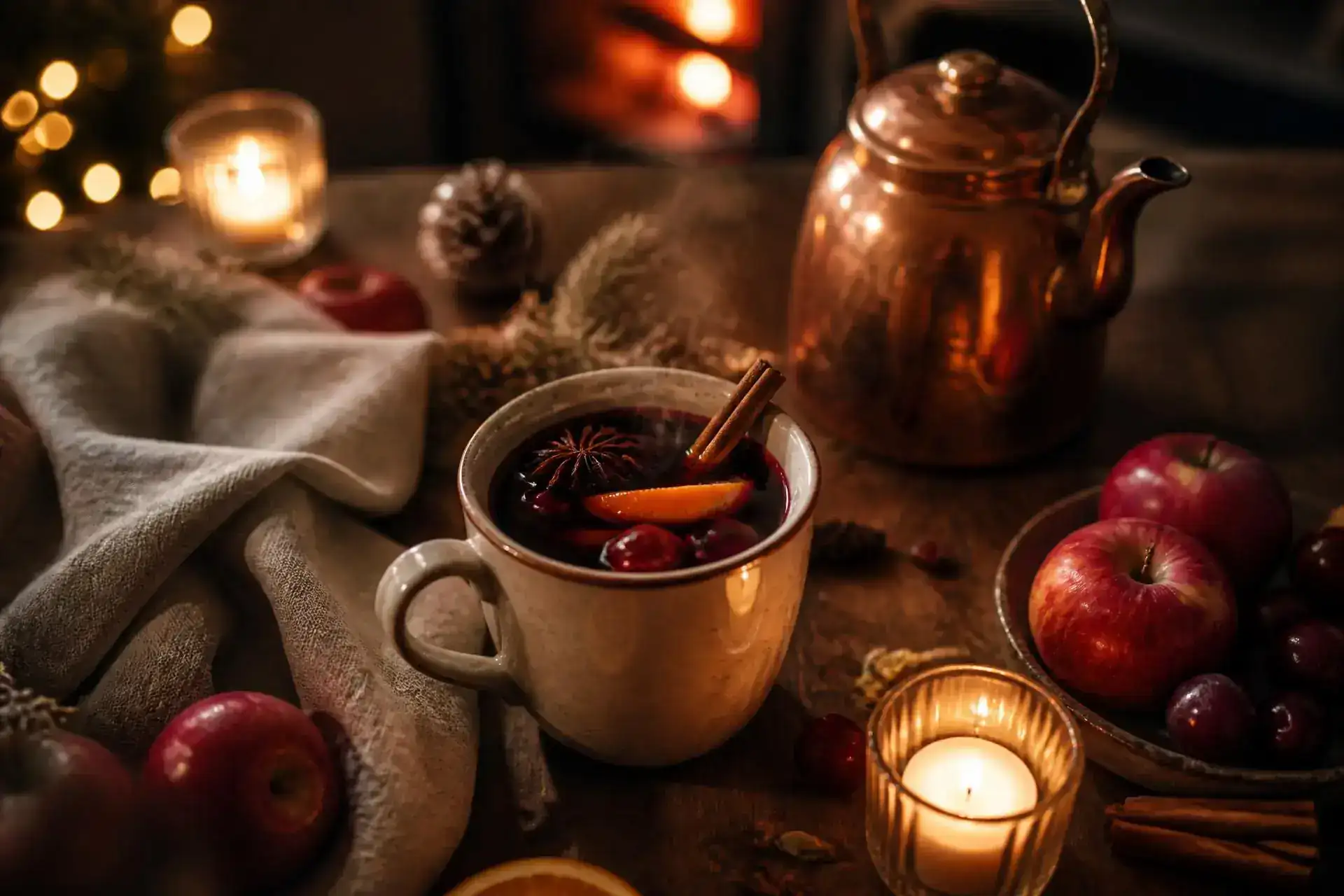 Dampfender Becher Glühwein am Kamin